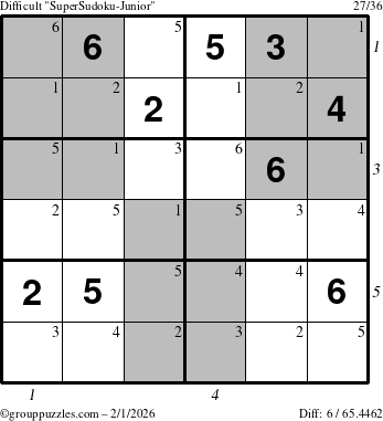 The grouppuzzles.com Difficult SuperSudoku-Junior puzzle for Sunday February 1, 2026 with all 6 steps marked