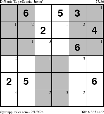The grouppuzzles.com Difficult SuperSudoku-Junior puzzle for Sunday February 1, 2026 with the first 3 steps marked
