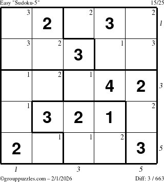 The grouppuzzles.com Easy Sudoku-5 puzzle for Sunday February 1, 2026 with all 3 steps marked