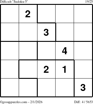 The grouppuzzles.com Difficult Sudoku-5 puzzle for Sunday February 1, 2026