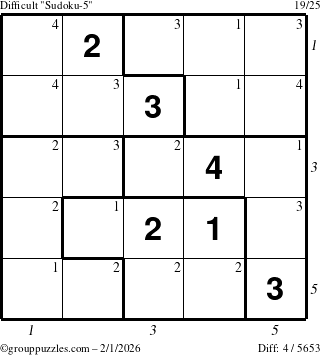 The grouppuzzles.com Difficult Sudoku-5 puzzle for Sunday February 1, 2026 with all 4 steps marked