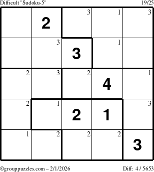 The grouppuzzles.com Difficult Sudoku-5 puzzle for Sunday February 1, 2026 with the first 3 steps marked