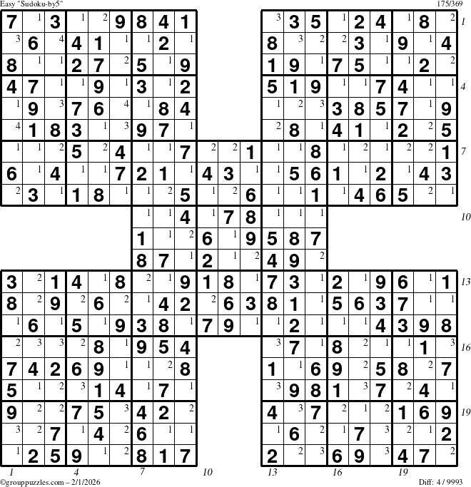 The grouppuzzles.com Easy Sudoku-by5 puzzle for Sunday February 1, 2026 with all 4 steps marked