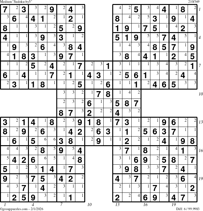 The grouppuzzles.com Medium Sudoku-by5 puzzle for Sunday February 1, 2026 with all 6 steps marked