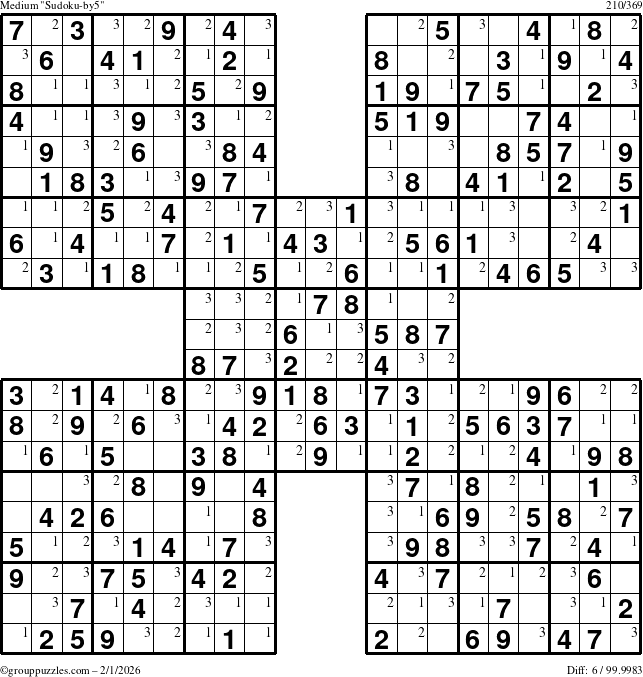 The grouppuzzles.com Medium Sudoku-by5 puzzle for Sunday February 1, 2026 with the first 3 steps marked
