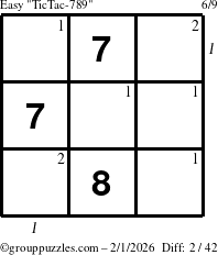 The grouppuzzles.com Easy TicTac-789 puzzle for Sunday February 1, 2026 with all 2 steps marked
