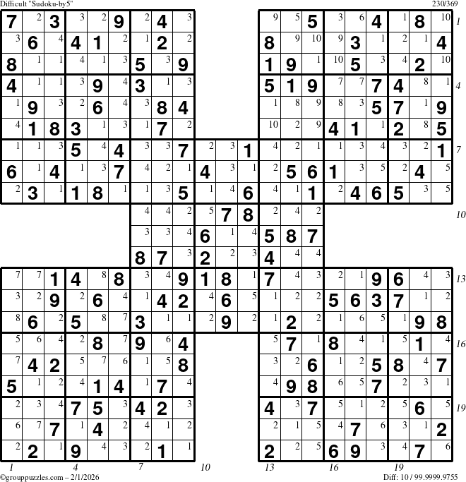 The grouppuzzles.com Difficult Sudoku-by5 puzzle for Sunday February 1, 2026, suitable for printing, with all 10 steps marked