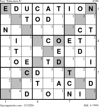 The grouppuzzles.com Easy Education-X puzzle for Sunday February 1, 2026, suitable for printing, with all 4 steps marked