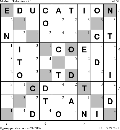 The grouppuzzles.com Medium Education-X puzzle for Sunday February 1, 2026, suitable for printing, with all 5 steps marked