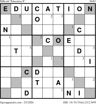 The grouppuzzles.com Difficult Education-X puzzle for Sunday February 1, 2026 with the first 3 steps marked
