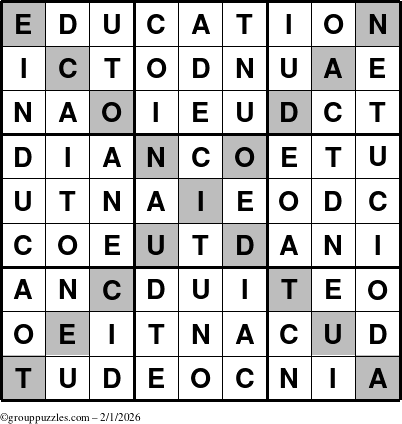 The grouppuzzles.com Answer grid for the Education-X puzzle for Sunday February 1, 2026