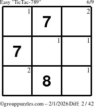 The grouppuzzles.com Easy TicTac-789 puzzle for Sunday February 1, 2026 with the first 2 steps marked