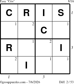 The grouppuzzles.com Easy Cris puzzle for Monday July 6, 2026 with all 2 steps marked
