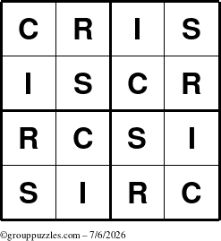 The grouppuzzles.com Answer grid for the Cris puzzle for Monday July 6, 2026
