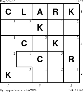 The grouppuzzles.com Easy Clark puzzle for Monday July 6, 2026 with all 3 steps marked