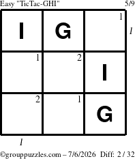 The grouppuzzles.com Easy TicTac-GHI puzzle for Monday July 6, 2026, suitable for printing, with all 2 steps marked