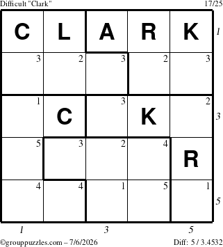 The grouppuzzles.com Difficult Clark puzzle for Monday July 6, 2026 with all 5 steps marked