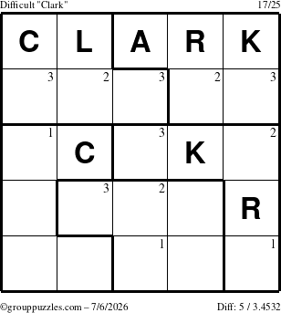 The grouppuzzles.com Difficult Clark puzzle for Monday July 6, 2026 with the first 3 steps marked