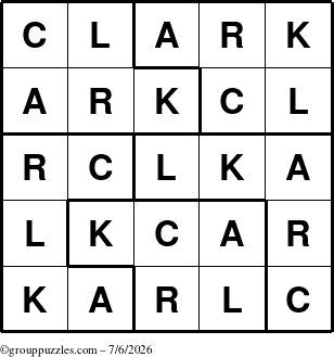 The grouppuzzles.com Answer grid for the Clark puzzle for Monday July 6, 2026