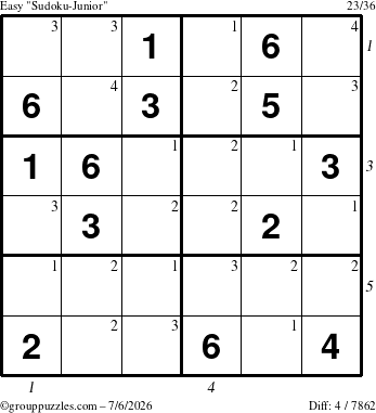 The grouppuzzles.com Easy Sudoku-Junior puzzle for Monday July 6, 2026, suitable for printing, with all 4 steps marked