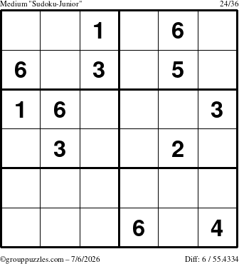 The grouppuzzles.com Medium Sudoku-Junior puzzle for Monday July 6, 2026