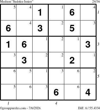 The grouppuzzles.com Medium Sudoku-Junior puzzle for Monday July 6, 2026 with all 6 steps marked