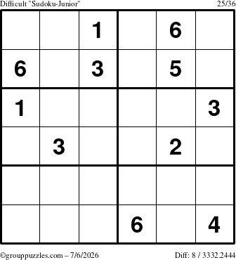 The grouppuzzles.com Difficult Sudoku-Junior puzzle for Monday July 6, 2026