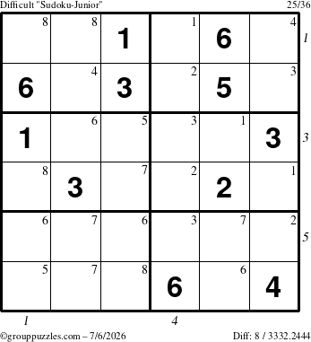 The grouppuzzles.com Difficult Sudoku-Junior puzzle for Monday July 6, 2026 with all 8 steps marked