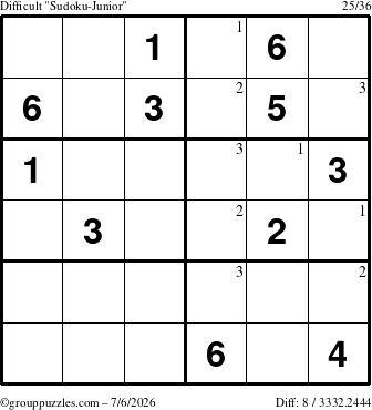 The grouppuzzles.com Difficult Sudoku-Junior puzzle for Monday July 6, 2026 with the first 3 steps marked
