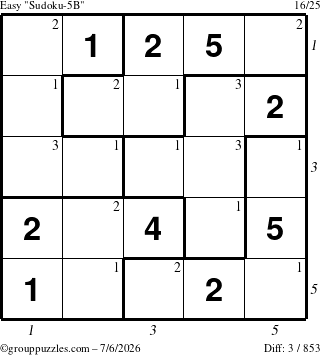 The grouppuzzles.com Easy Sudoku-5B puzzle for Monday July 6, 2026, suitable for printing, with all 3 steps marked