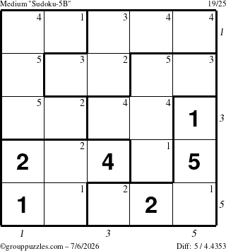 The grouppuzzles.com Medium Sudoku-5B puzzle for Monday July 6, 2026, suitable for printing, with all 5 steps marked