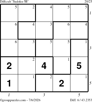 The grouppuzzles.com Difficult Sudoku-5B puzzle for Monday July 6, 2026 with all 6 steps marked