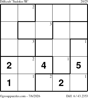 The grouppuzzles.com Difficult Sudoku-5B puzzle for Monday July 6, 2026 with the first 3 steps marked