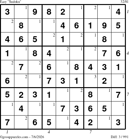 The grouppuzzles.com Easy Sudoku puzzle for Monday July 6, 2026, suitable for printing, with all 3 steps marked