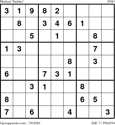 The grouppuzzles.com Medium Sudoku puzzle for Monday July 6, 2026