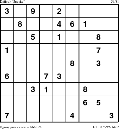 The grouppuzzles.com Difficult Sudoku puzzle for Monday July 6, 2026
