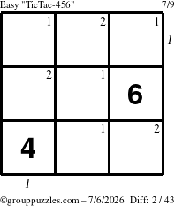 The grouppuzzles.com Easy TicTac-456 puzzle for Monday July 6, 2026 with all 2 steps marked