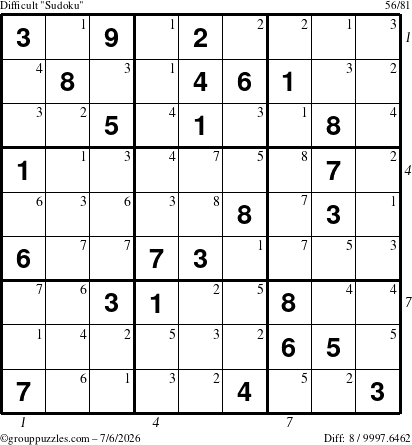 The grouppuzzles.com Difficult Sudoku puzzle for Monday July 6, 2026, suitable for printing, with all 8 steps marked