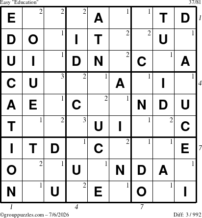 The grouppuzzles.com Easy Education-c1 puzzle for Monday July 6, 2026 with all 3 steps marked