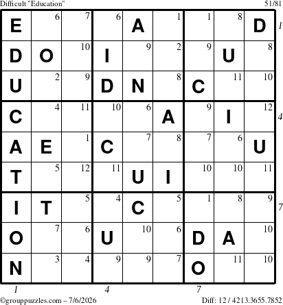The grouppuzzles.com Difficult Education-c1 puzzle for Monday July 6, 2026 with all 12 steps marked