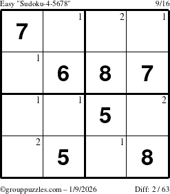 The grouppuzzles.com Easy Sudoku-4-5678 puzzle for Friday January 9, 2026 with the first 2 steps marked