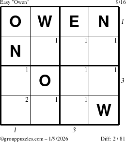 The grouppuzzles.com Easy Owen puzzle for Friday January 9, 2026 with all 2 steps marked