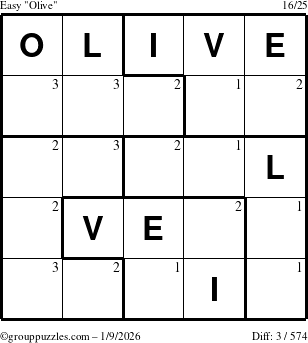 The grouppuzzles.com Easy Olive puzzle for Friday January 9, 2026 with the first 3 steps marked