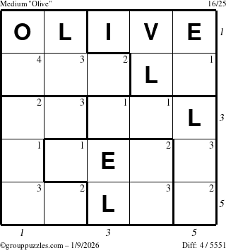 The grouppuzzles.com Medium Olive puzzle for Friday January 9, 2026 with all 4 steps marked