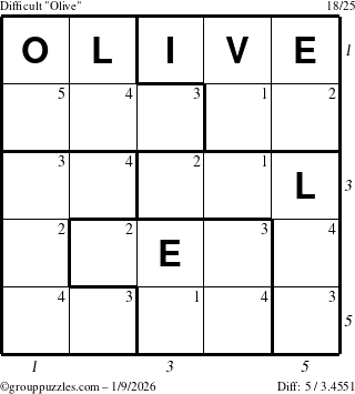 The grouppuzzles.com Difficult Olive puzzle for Friday January 9, 2026 with all 5 steps marked