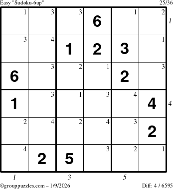 The grouppuzzles.com Easy Sudoku-6up puzzle for Friday January 9, 2026, suitable for printing, with all 4 steps marked