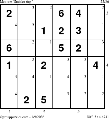 The grouppuzzles.com Medium Sudoku-6up puzzle for Friday January 9, 2026 with all 5 steps marked