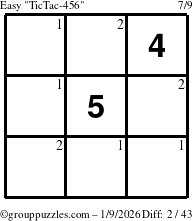 The grouppuzzles.com Easy TicTac-456 puzzle for Friday January 9, 2026 with the first 2 steps marked