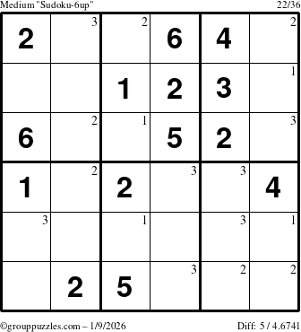 The grouppuzzles.com Medium Sudoku-6up puzzle for Friday January 9, 2026 with the first 3 steps marked