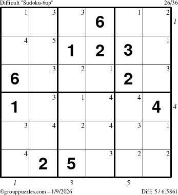 The grouppuzzles.com Difficult Sudoku-6up puzzle for Friday January 9, 2026, suitable for printing, with all 5 steps marked